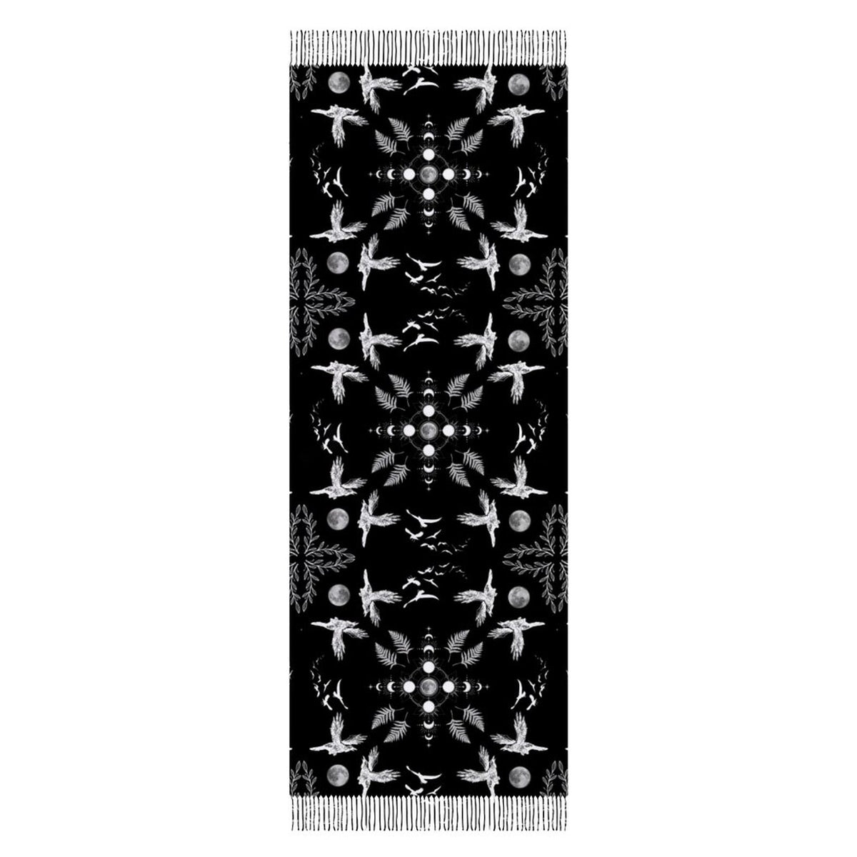 Crow Moonphase Tassel Scarf - Gothic Clothing, Crow Moonphase Raven Wrap