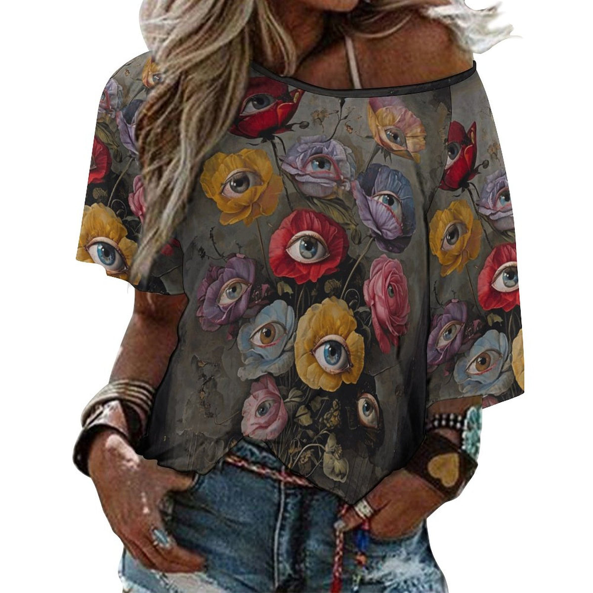 Floral Eyes Off the Shoulder Half-Sleeve T-shirt - Gothic Clothing