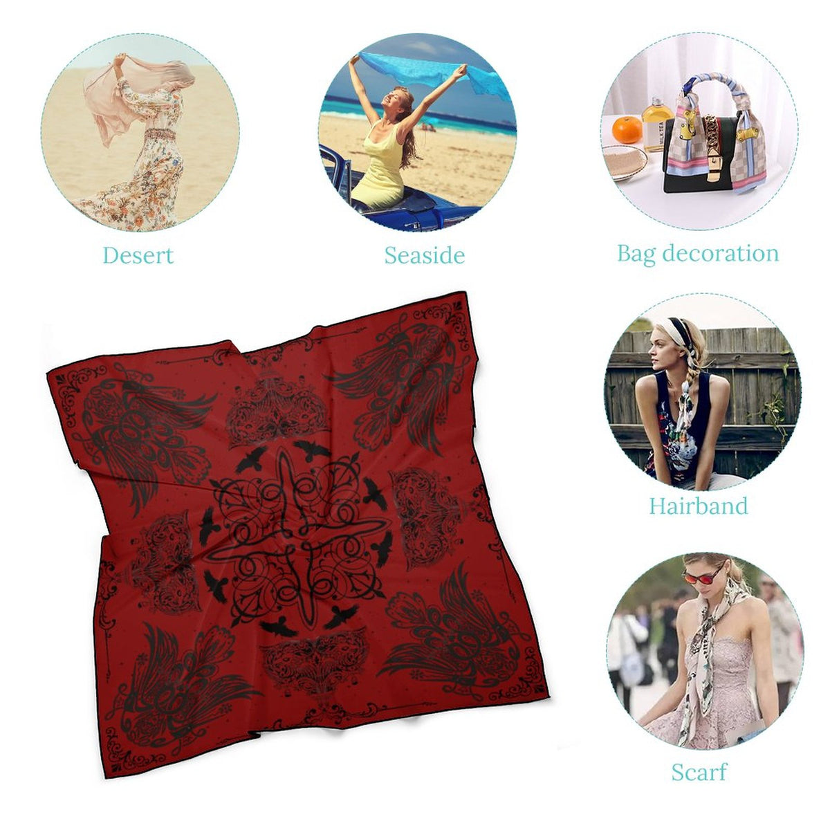 Gothic Crows in Oxblood Women's Scarf, Oxblood Goth soft crow sarf, Crow printed handkerchief, Raven bandana headscarf Crow lover