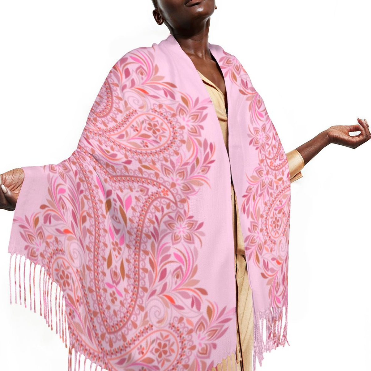 Precious Pink Paisley Cashmere-like Tassel Scarf (All-Over Printing)