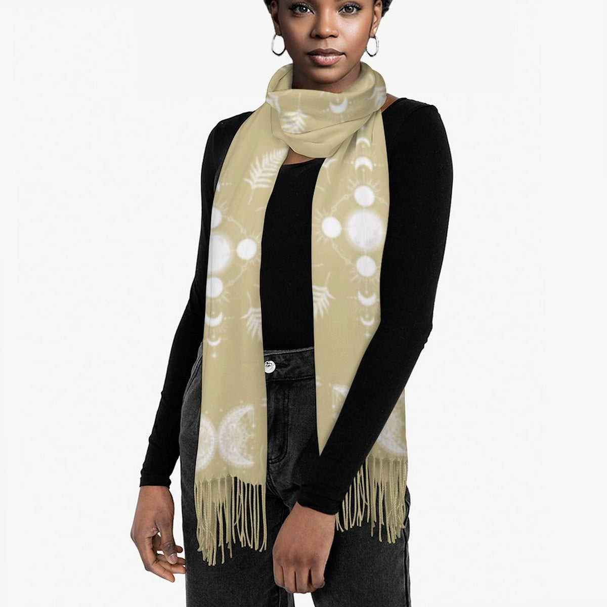 Celestial Crows in Lemongrass Cashmere-like Tassel Scarf, Raven Gothic Shawl - New Fall 25 Colors, Black Wrap, Pagan Clothing Festival Wear, Moon Phase Celestial Scarf, Soft Accessory Witch Style