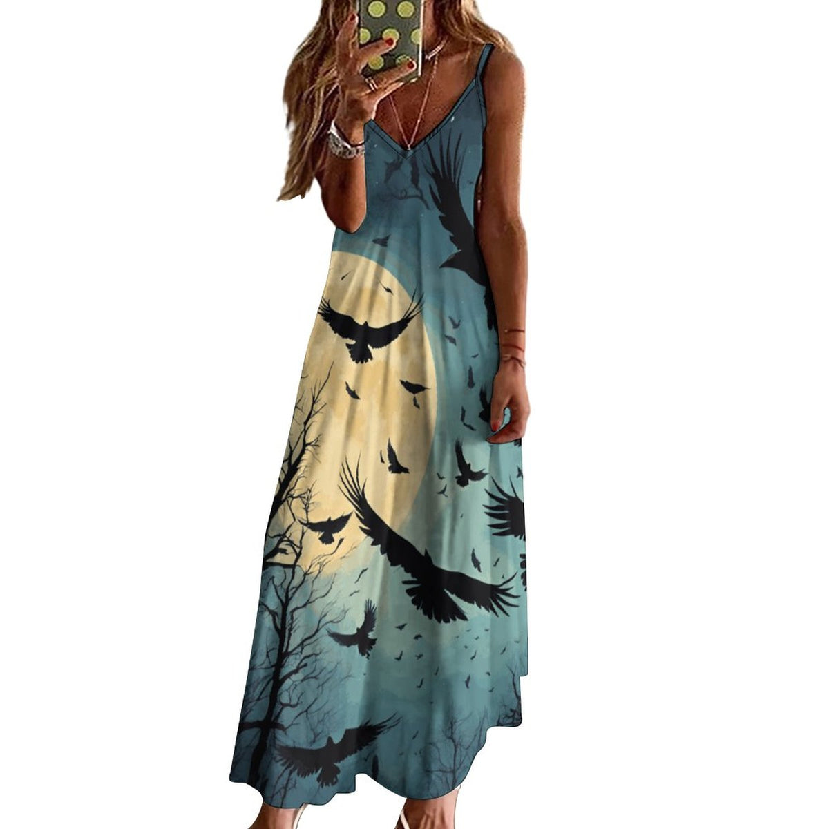 Full Moon Crow Print Spaghetti Strap Dress: Gothic Whimsigoth Clothing