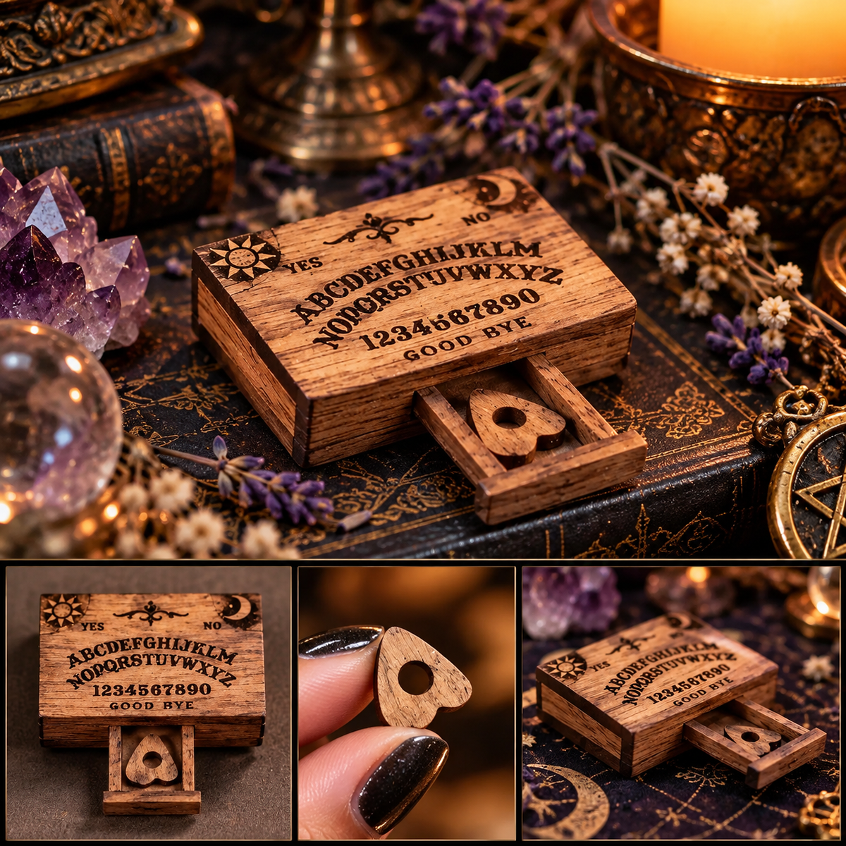 🔮 Miniature Wooden Spirit Board with Planchette & Drawer