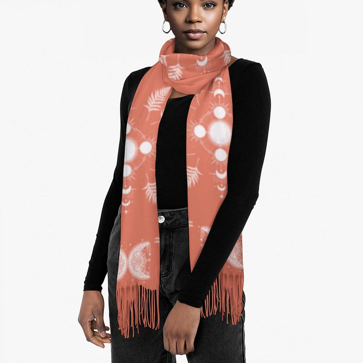 Celestial Crows in Brandied Melon Cashmere-like Tassel Scarf, Raven Gothic Shawl