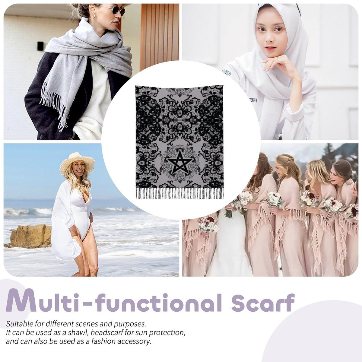 Black Lace Pentagram Tassel Scarf (All-Over Printing)