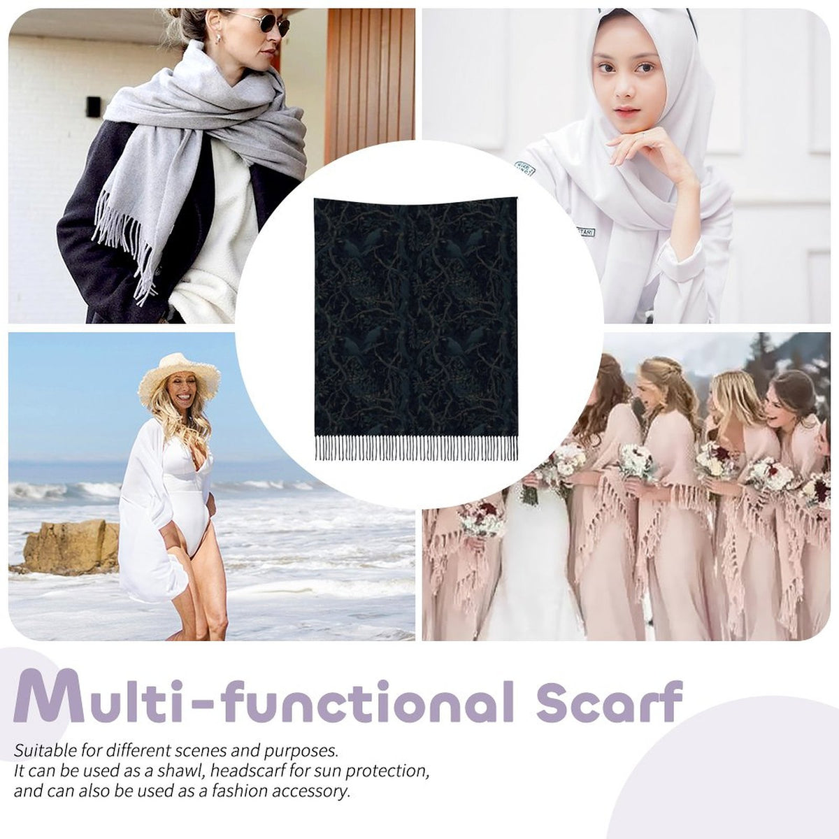 Deep Color New Crow Cashmere-like Tassel Scarf (All-Over Printing)
