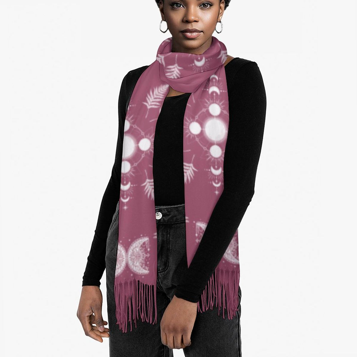 Celestial Crows in Damson Cashmere-like Tassel Scarf, Raven Gothic Shawl - New Fall 25 Colors, Black Wrap, Pagan Clothing Festival Wear, Moon Phase Celestial Scarf, Soft Accessory Witch Style