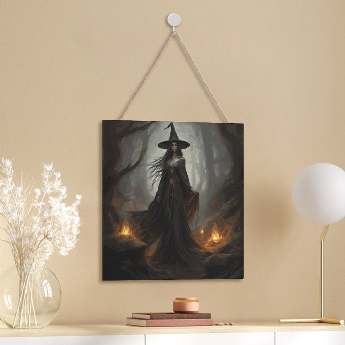 Vintage Witch Square Wood Wall Decor for Halloween Witchcraft Art Pagan Celebration Gift Idea for Mom Occult Decor Moon Goddess Wiccan Art