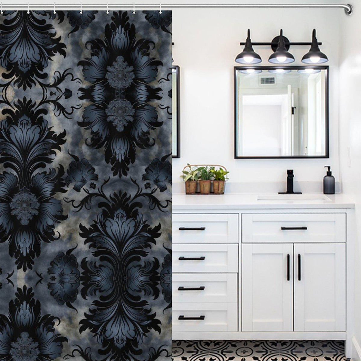 Moody Dark Academia Botanical Black Shower Curtain