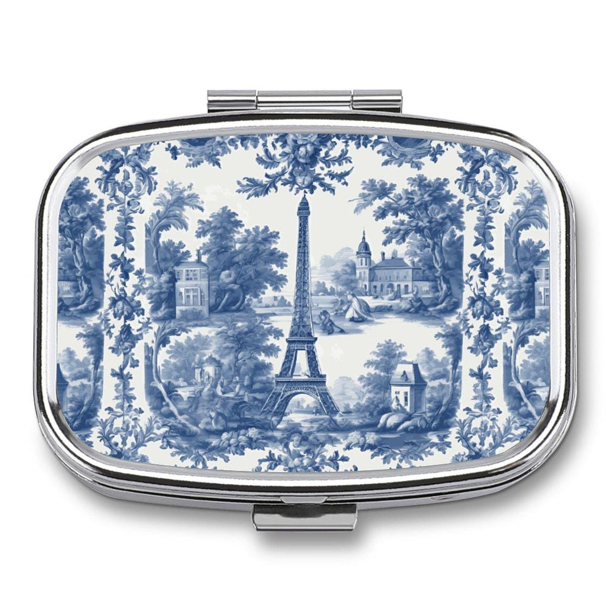 French Country Farmhouse Toile Pill Box for Mom Vintage Style Metal Tablet Organizer Vintage Pillbox Eiffel Tower Pocket Mirror Medicine Box