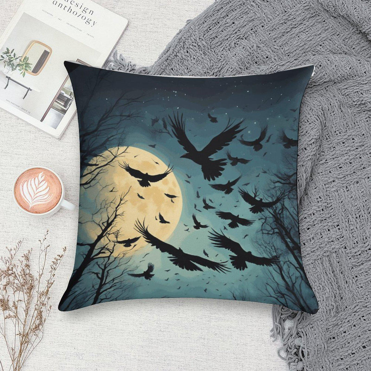 Gothic Bedding Dark Academia Gift Idea Holiday Full Moon Crow Throw Pillowcase Gothic Ultra-soft Goblincore Witchcore Custom Raven Pillow
