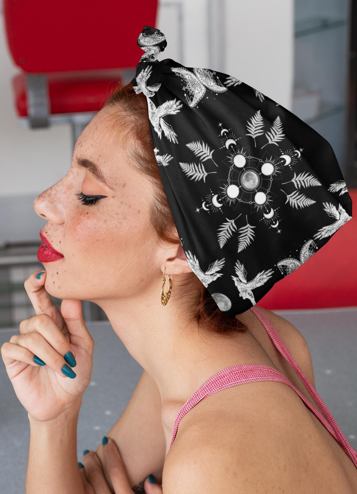 Moonphase Raven Bandana: Gothic Head Scarf, Witchy Neck Warmer