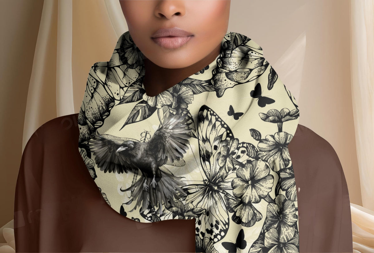 Crows in Flight Lightweight Scarf, Butterflies and Raven Floral Print Wrap