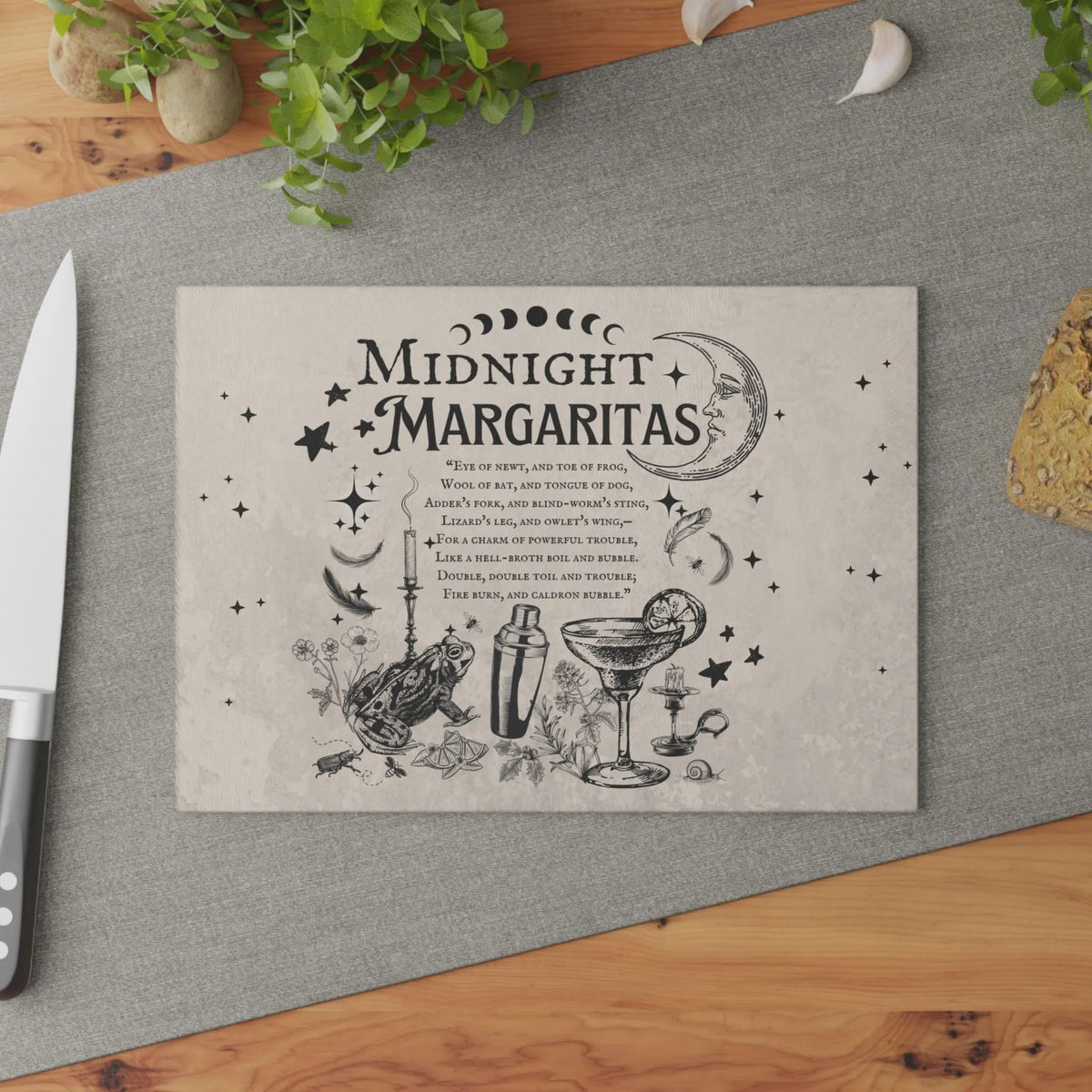 Holiday Witches Brew Cute Fall Host Gift Practical Magic Midnight Margaritas Kitchen Witch Decor Glass Cutting Board Occult Gift for Witch