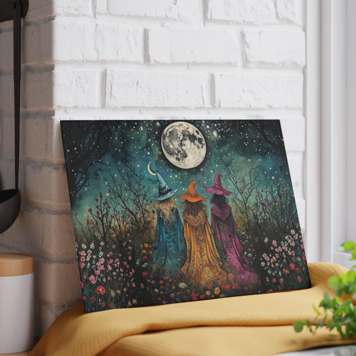 Sisterhood Witch Gift Idea for Mom Boho Witches Fall Hosting Gift Idea Kitchen Witch Decor for Halloween Party Moonlight Glass Cutting Board