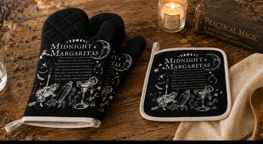Midnight Margaritas Wiccan Kitchen Decor Dark Chef Accessory Witchcore Kitchen Pot Holder Witch Gift for Mom Kitchen Witch Gift Oven Mitt