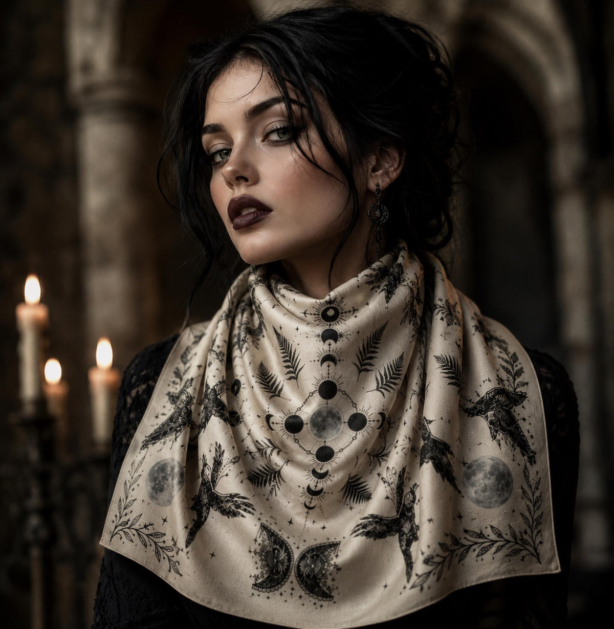Magical Witch Square Gift for Mom Mystical Head Scarf for Gothic Halloween Party Celestial Crows Goth Black Bandana for Festive Holiday