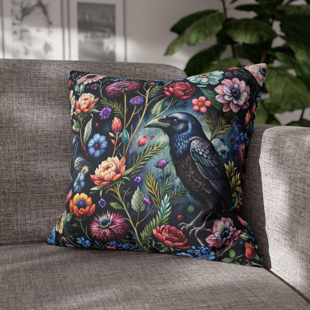 Romantic Gothic Gift Moody Floral Victorian Home Gift Raven Crushed Velvet Blanket & Pillowcase Crow Art Literary Aesthetic Cottage Goth