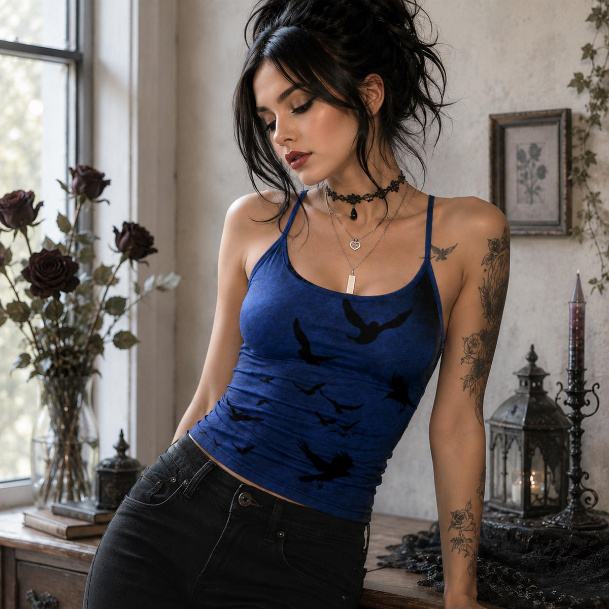 Atl Clothing Murder of Crows Palazzo Pants Gothic Wide Leg Trousers for Pilates Blue Stretch Pants Halter Dress Tank Corporate Goth Jumpsuit