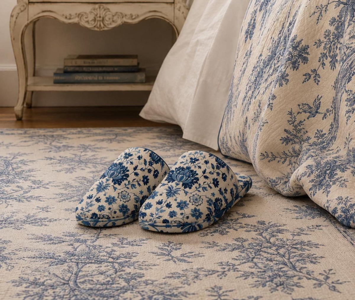 Cottagecore Blue Toile Flannel Slipper Chinoiserie Cotton Bridesmaid Gift Cute Couquette Something Blue Stylish Trendy Shoes for Women Mom