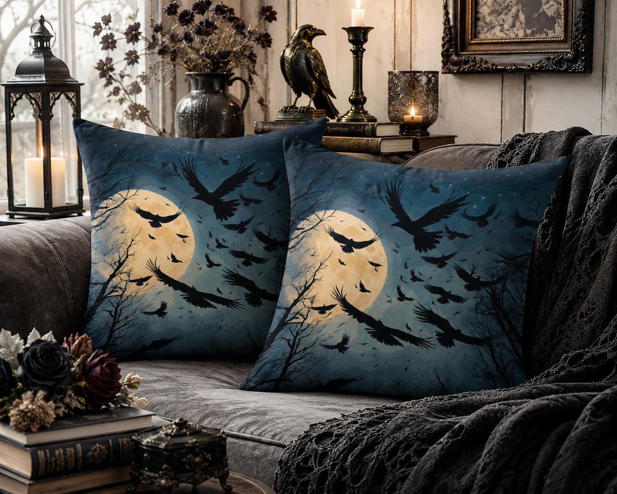 Goblincore Decor Cute Halloween Vintage Dark Academia Full Moon Crow Throw Pillowcases 2 Piece Pillowcase Set Witchy Merch Fantasy Pillow