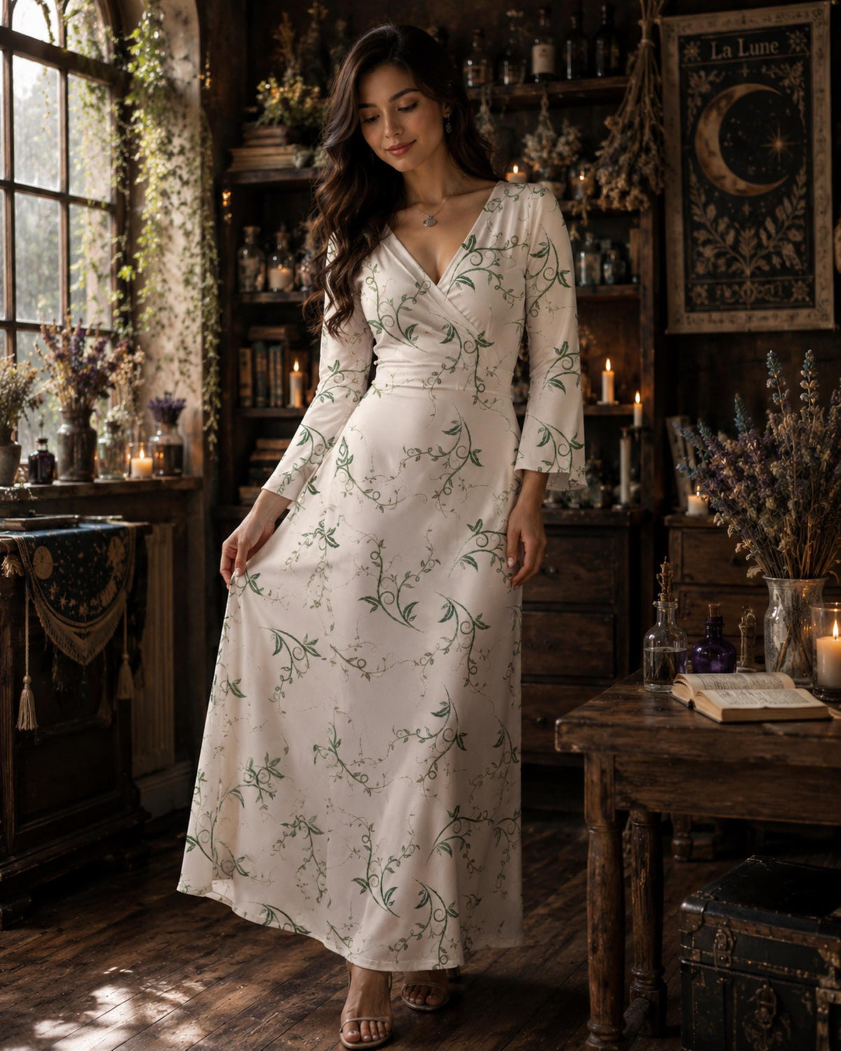 Dark Romance Practical Magic Witch Dress Unique Bohemian Plus Size Holiday Fashion Black Floral Bell Sleeve Dress Fairycore Witchy Ensemble