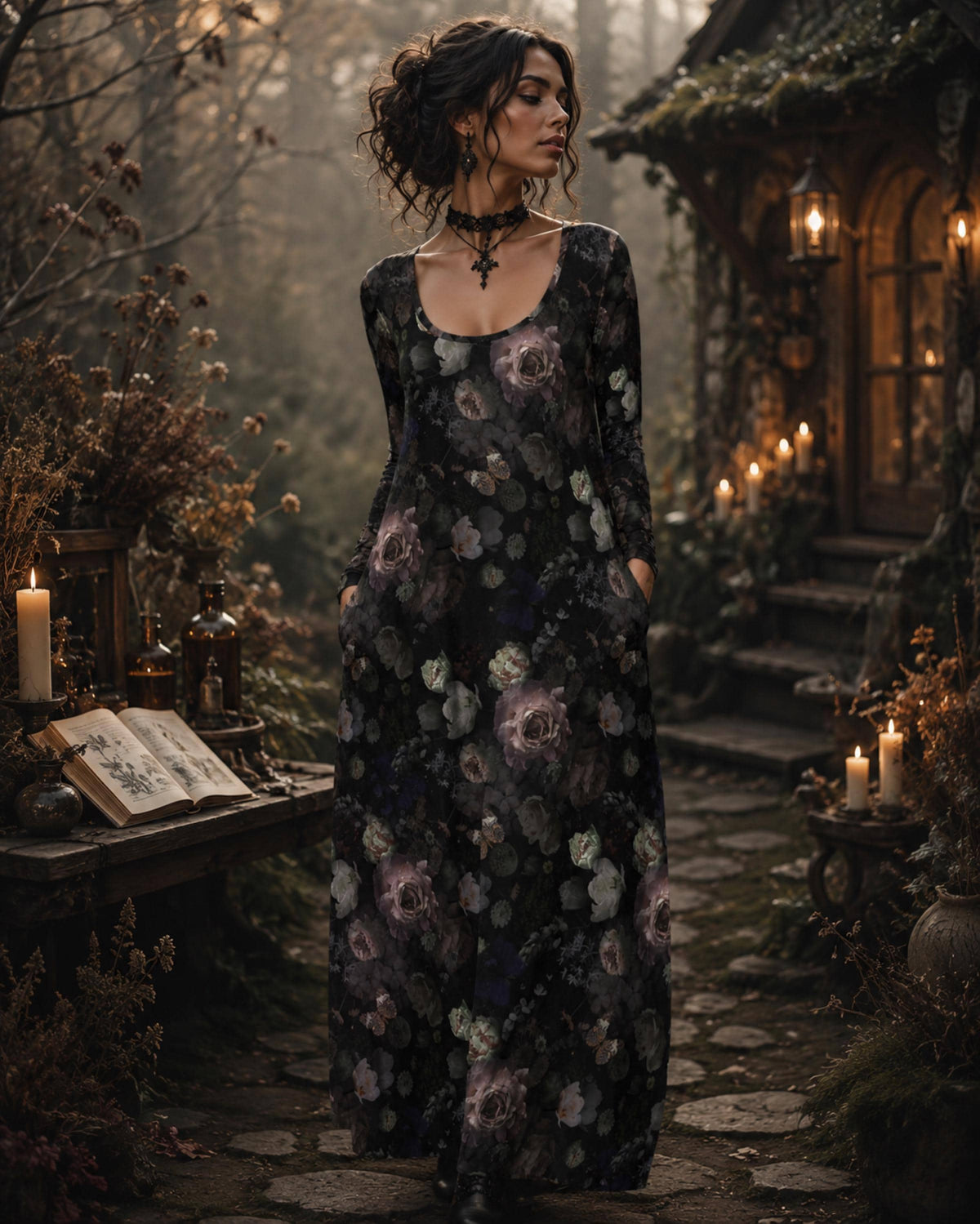 Dark Romance Floral Dress for Holidays Wuthering Heights Style Dress Idea for Fortune Teller Halloween Party Gothic Clothing for Ren Faire