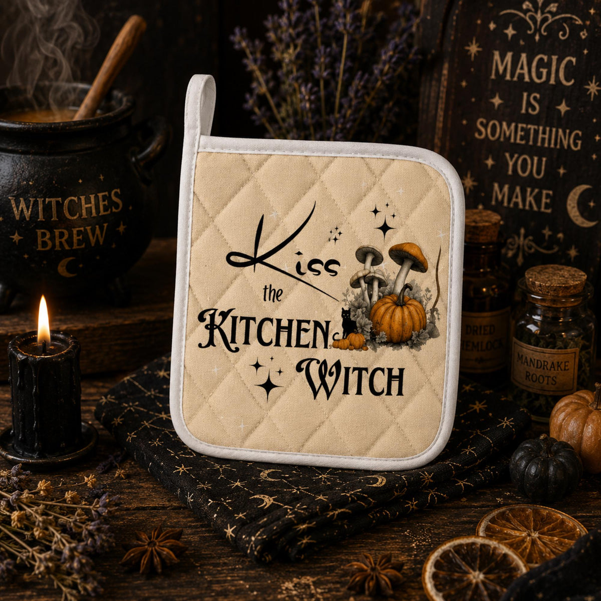 Kitchen Witch Oven Mitts & Pot Holder Set for Spooky Cook Gift Pagan Black Magick Witchy Cookware Gift Gothic Home Chef Occult Kitchen Gear