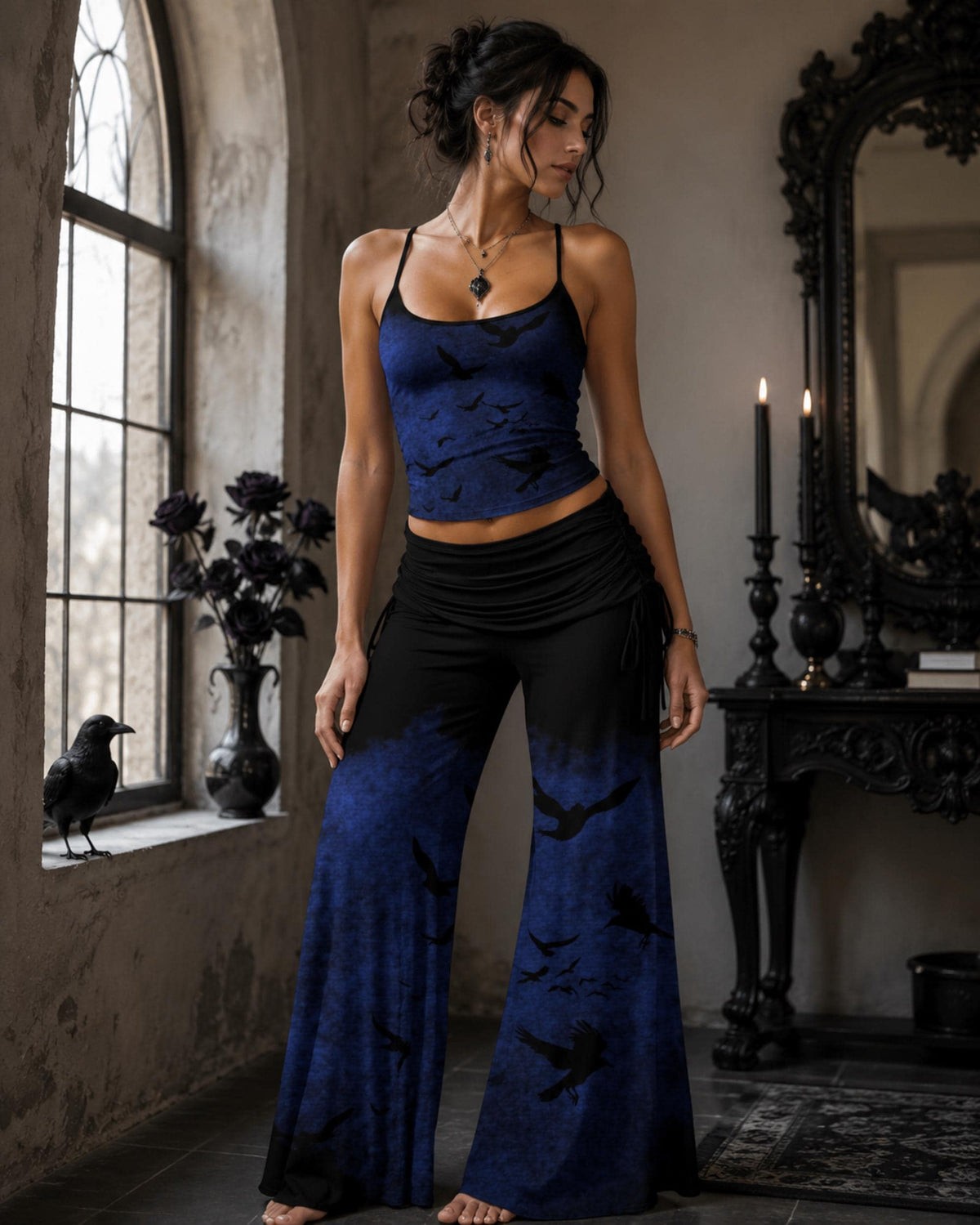 Witchy Gothic Raven Edgar Allan Poe Corporate Goth Jumpsuit Blue Murder of Crows Palazzo Pants Halter Dress Crow Tank Top Grunge Clothing
