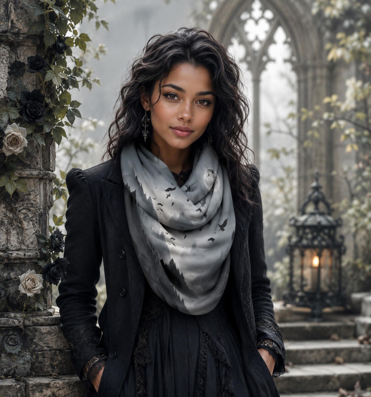 Dark Romance Raven Scarf for Pagan Gift Edgar Allan Poe Neck Warmer for Bestie Moody Gothic Cape Sorcière Crow Wrap for Halloween Festival