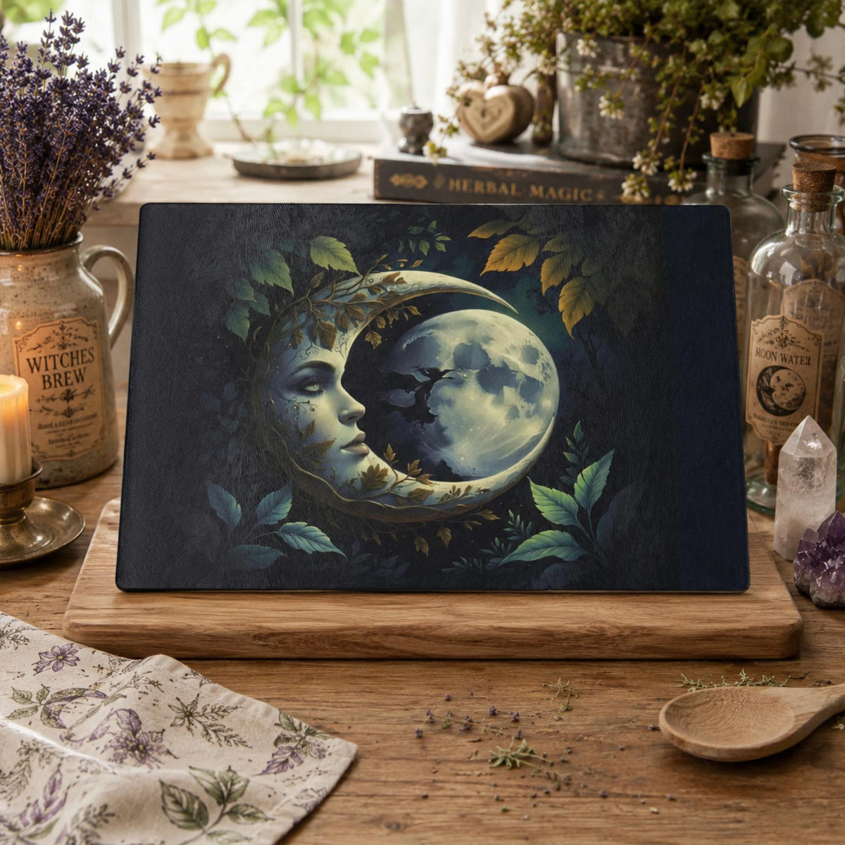 Holiday Fall Host Gift Kitchen Witch Mystic Decor Gift for Bestie Dark Academia Home Accessory for Mom Moonface Moon Glass Cutting Board
