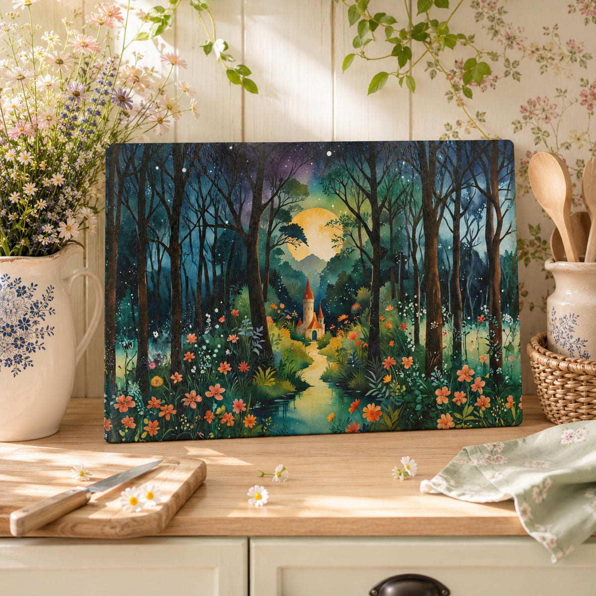 Enchanted Kitchen Storybook Decor for Whimsical Home Fairytale Castle Glass Cutting Board Cottagecore Farmhouse Gift Idea for Crow Lover