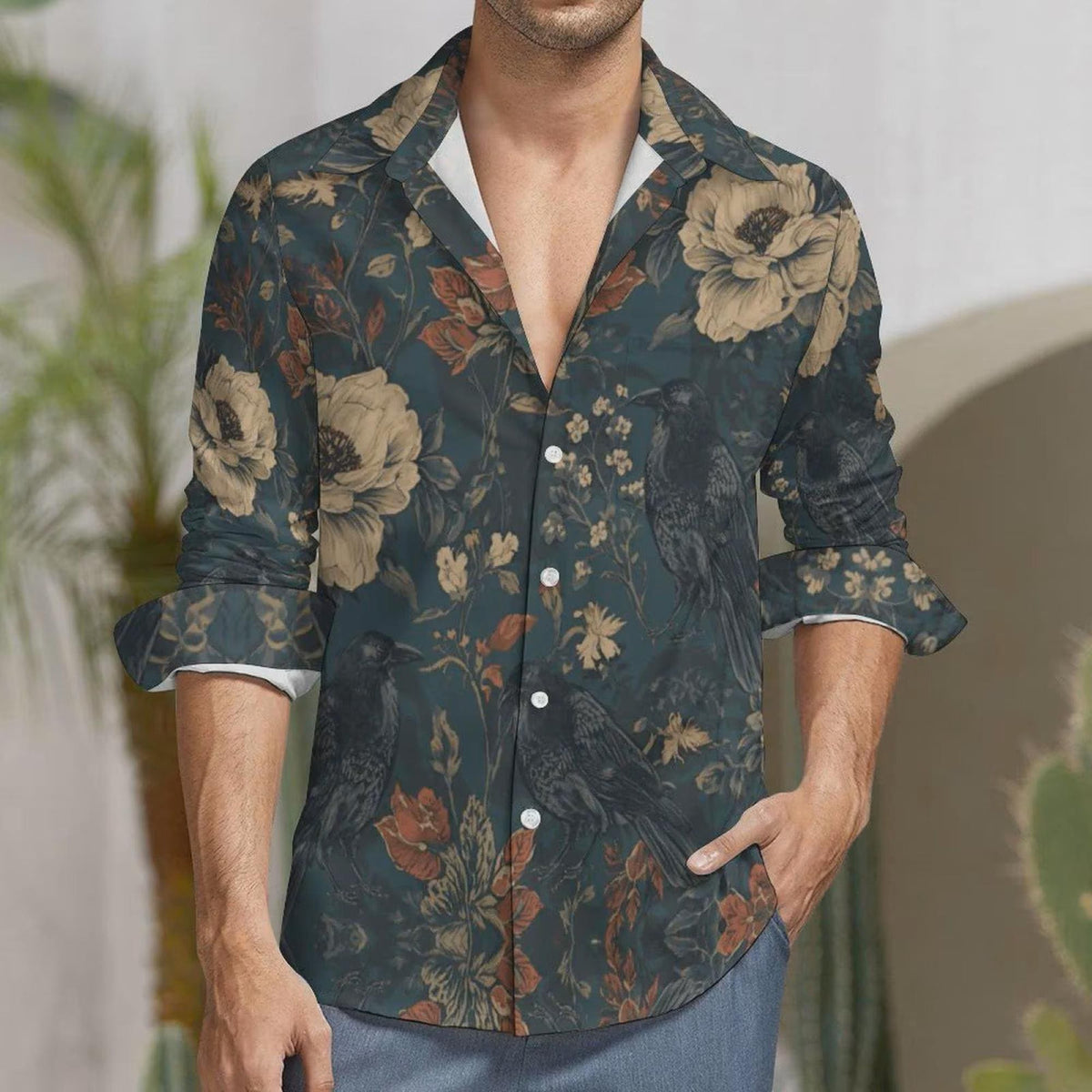 Dark Romance Shirt for Boyfriend William Morris Crow Faux Linen Mens Oxford Cotton Zip POLO Hallow Plus Size Goth Crow Oxford Goth Christmas