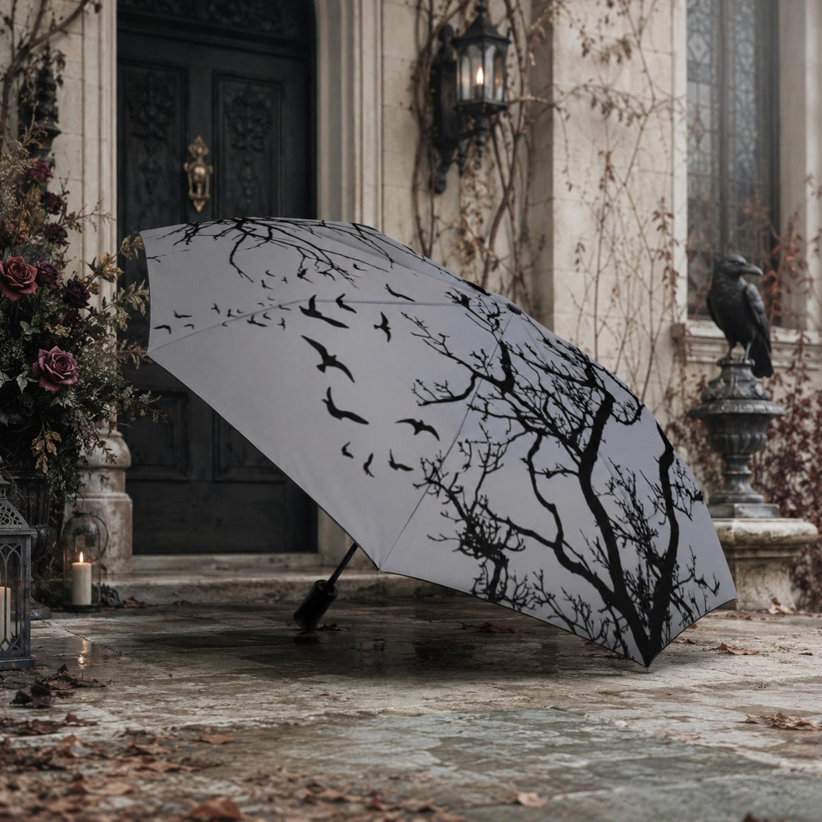 Goth Umbrella for Corporate Goth Lovers Mystic Crow Auto Umbrella Gift Idea for Halloween Gothic Witchcore Raven Parasol Umbrella Academy