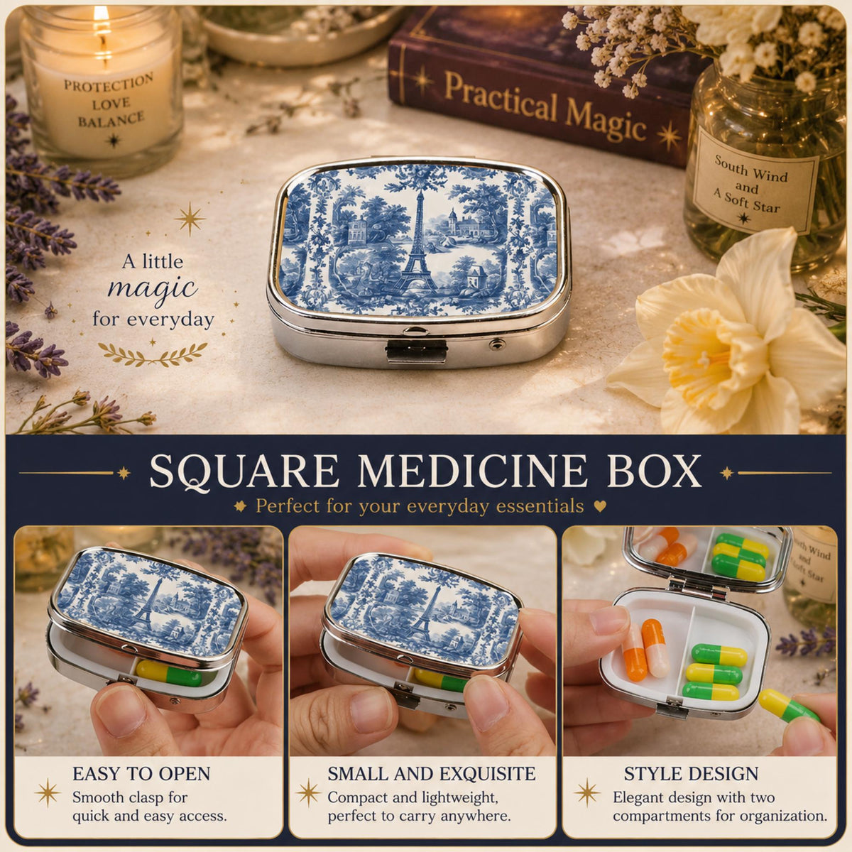 French Country Farmhouse Toile Pill Box for Mom Vintage Style Metal Tablet Organizer Vintage Pillbox Eiffel Tower Pocket Mirror Medicine Box
