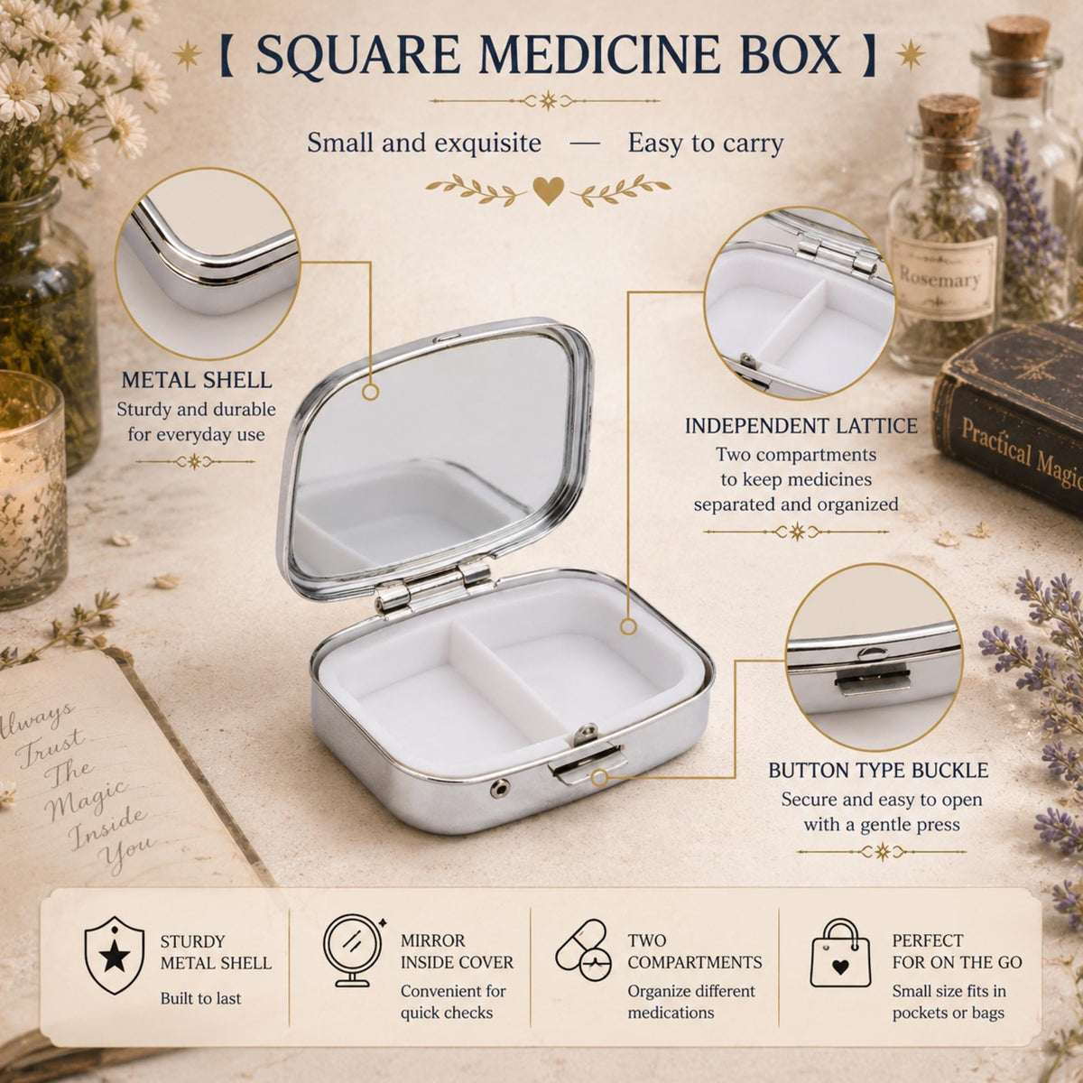 French Country Farmhouse Toile Pill Box for Mom Vintage Style Metal Tablet Organizer Vintage Pillbox Eiffel Tower Pocket Mirror Medicine Box