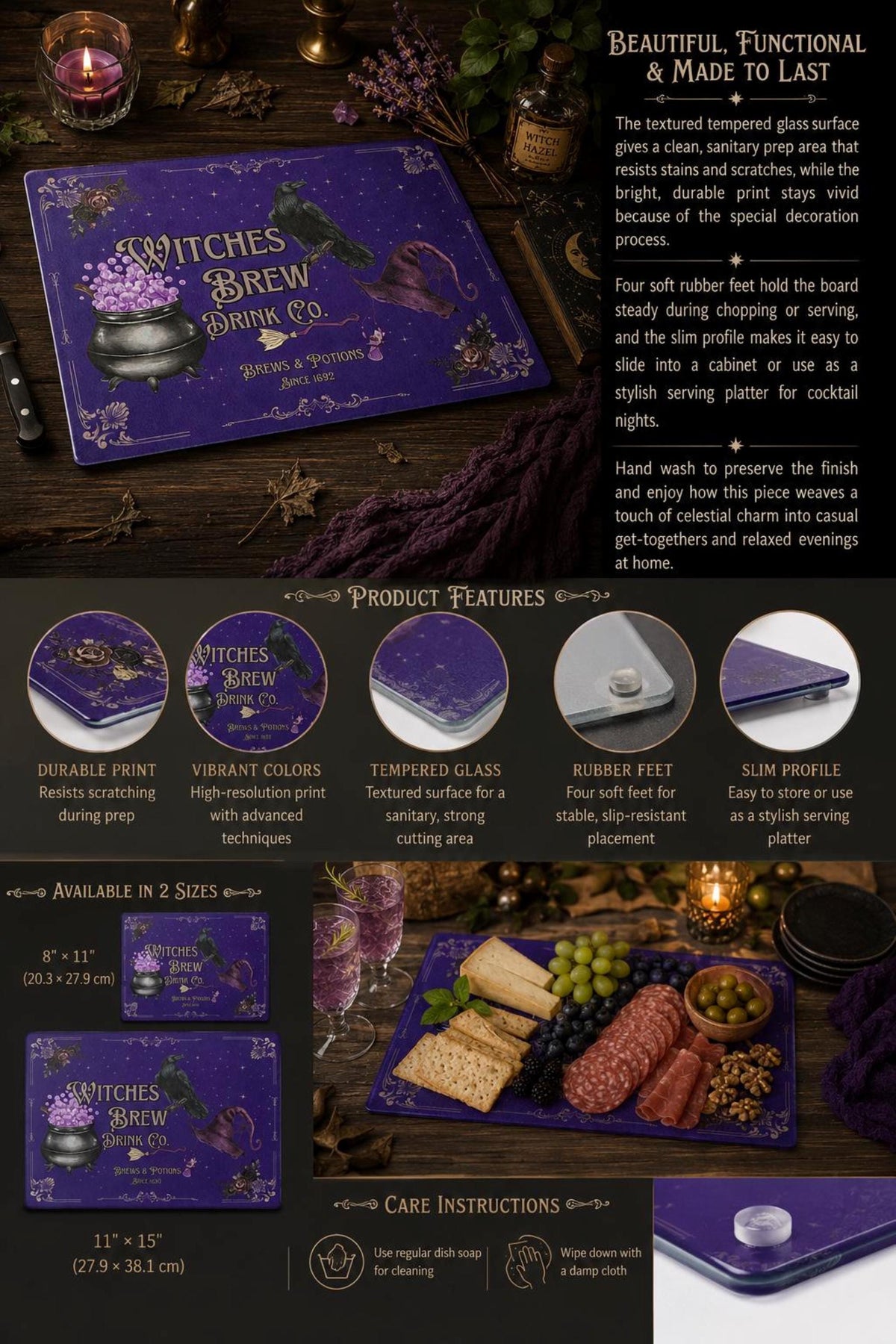 Kitchen Witch Gift for Mom Daughter Practical Magic Accessory for Witch Essential Witches Brew Midnight Margaritas Raven Glass Cutting Board