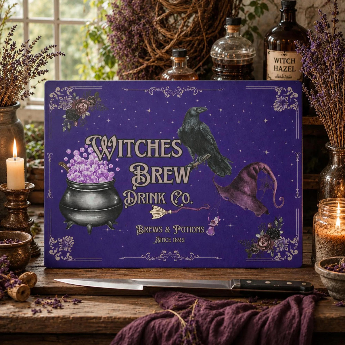 Holiday Witches Brew Cute Fall Host Gift Practical Magic Midnight Margaritas Kitchen Witch Decor Glass Cutting Board Occult Gift for Witch