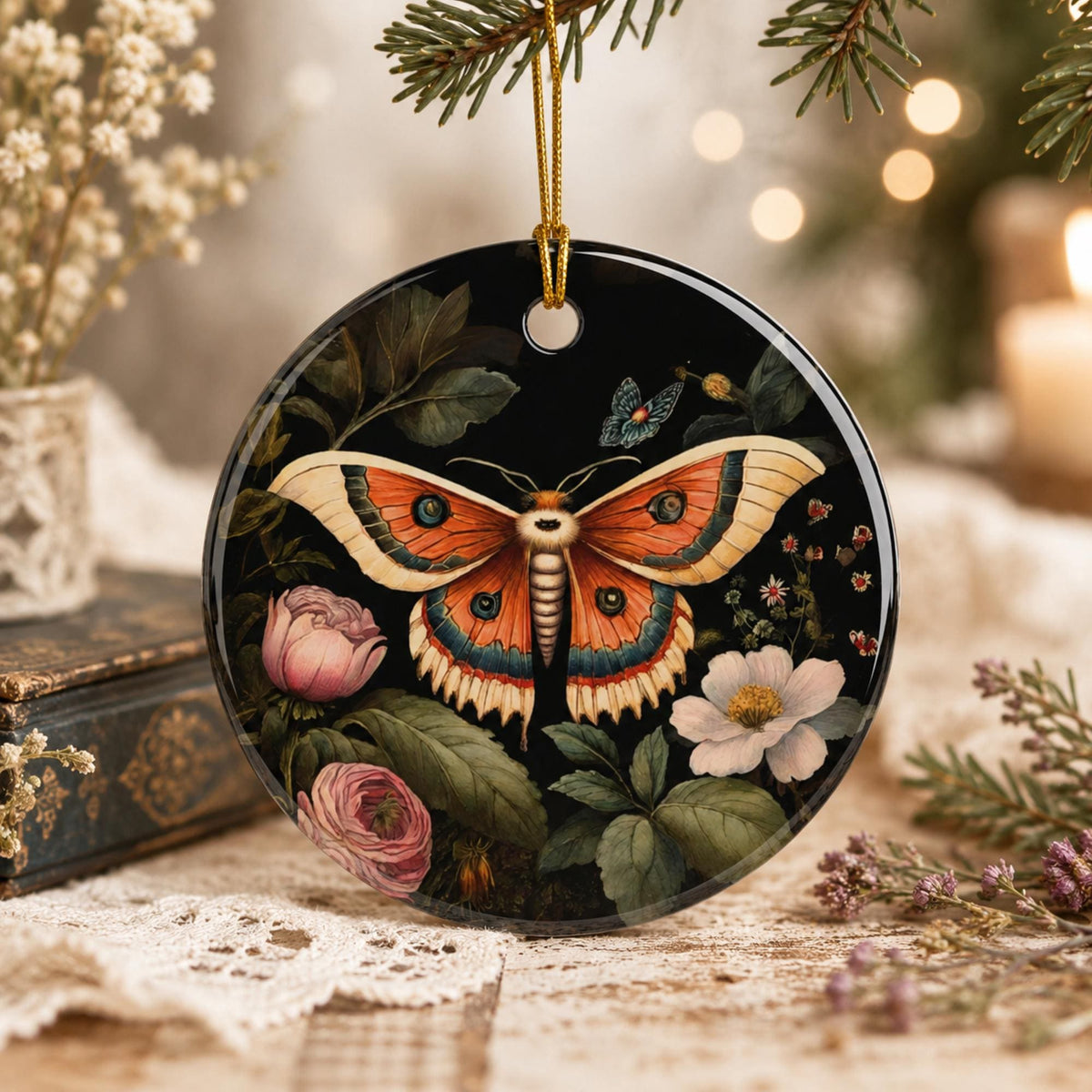 Witch Host Gift Witchcore Christmas Cottagecore Lunamoth Blessed Yule Ornament Moth and Peonies Ceramic Decor for Pagan Yuletide Gift Idea