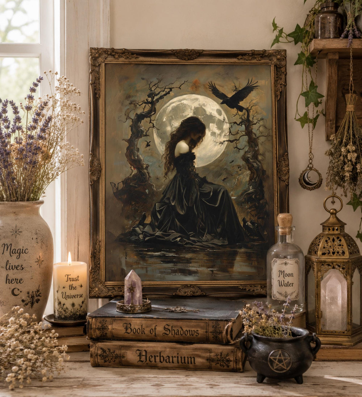 Pagan Wall Art Idea for Office Art Mythology Poster Decor for Altar Room Goddess Raven Occult Art Dark Magic Decor Witch Art Celtic Goddess