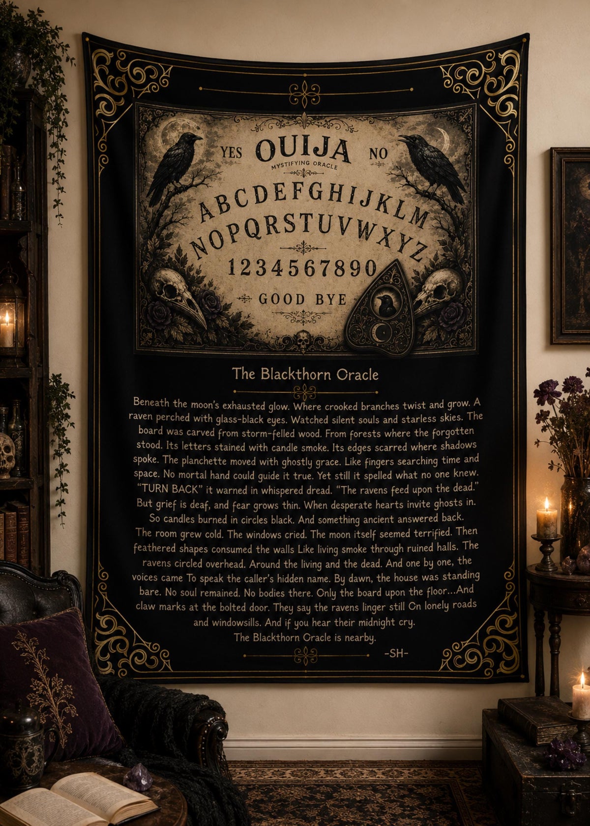 Ouija Board Dark Academia Supernatural Altar Cloth The Blackthorn Oracle Poem Tapestry Vintage Occult Blackwork Gothic Whimsigoth Witch Item