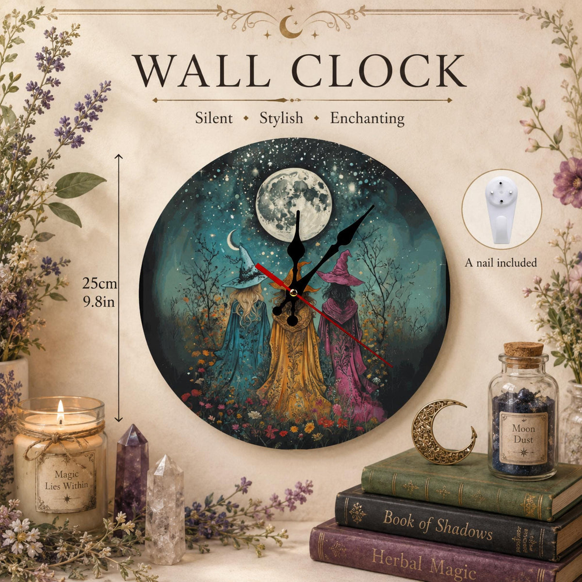 Halloween Fall Host Gift Idea for Mom Cottagecore Whimsigoth Birthday Gift for Sister Practical Magic Wood Wall Clock for Kitchen Witch Gift