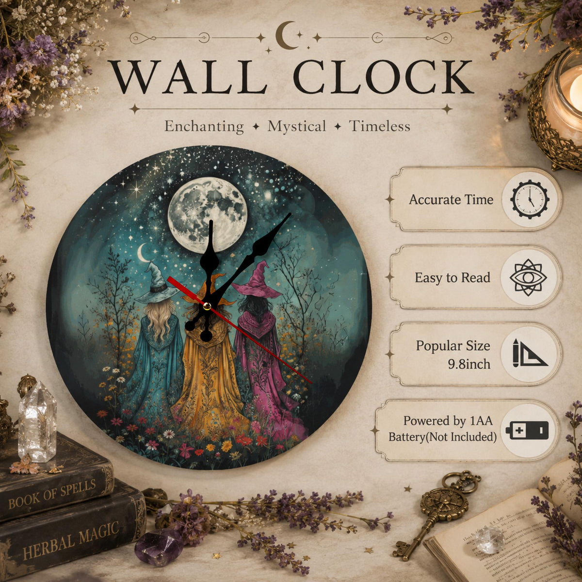 Halloween Fall Host Gift Idea for Mom Cottagecore Whimsigoth Birthday Gift for Sister Practical Magic Wood Wall Clock for Kitchen Witch Gift