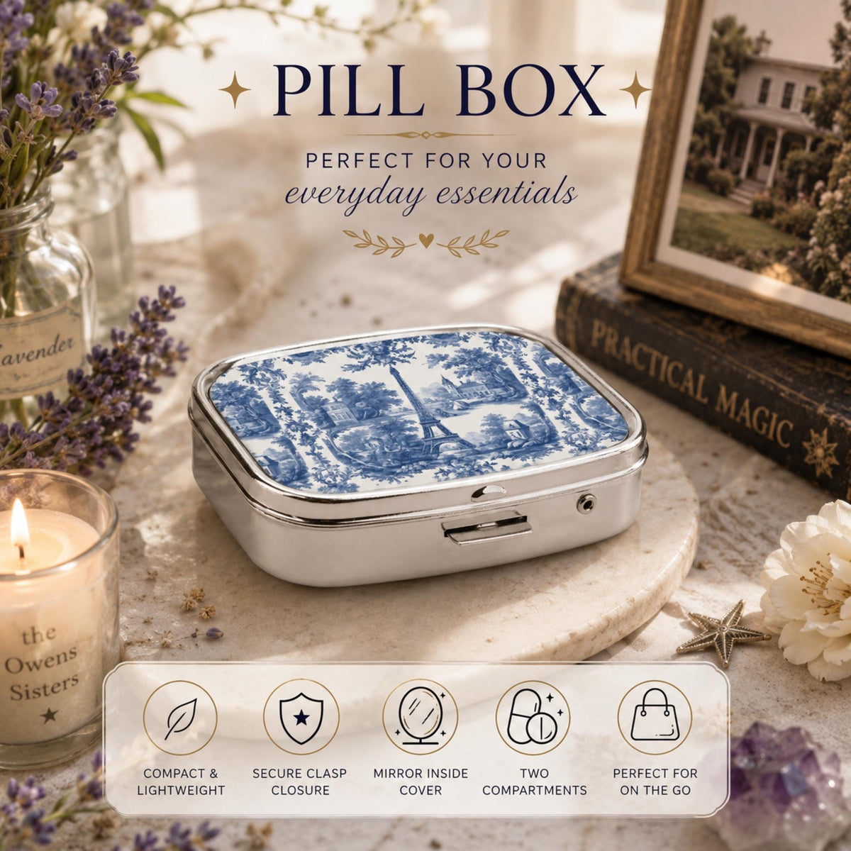 French Country Farmhouse Toile Pill Box for Mom Vintage Style Metal Tablet Organizer Vintage Pillbox Eiffel Tower Pocket Mirror Medicine Box