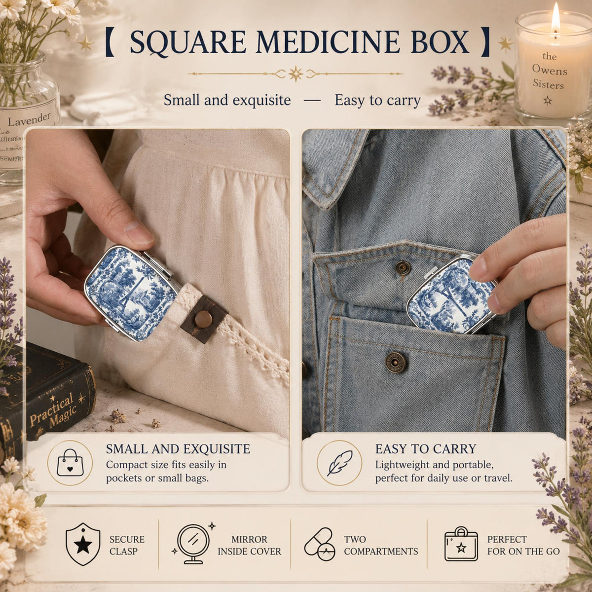 French Country Farmhouse Toile Pill Box for Mom Vintage Style Metal Tablet Organizer Vintage Pillbox Eiffel Tower Pocket Mirror Medicine Box