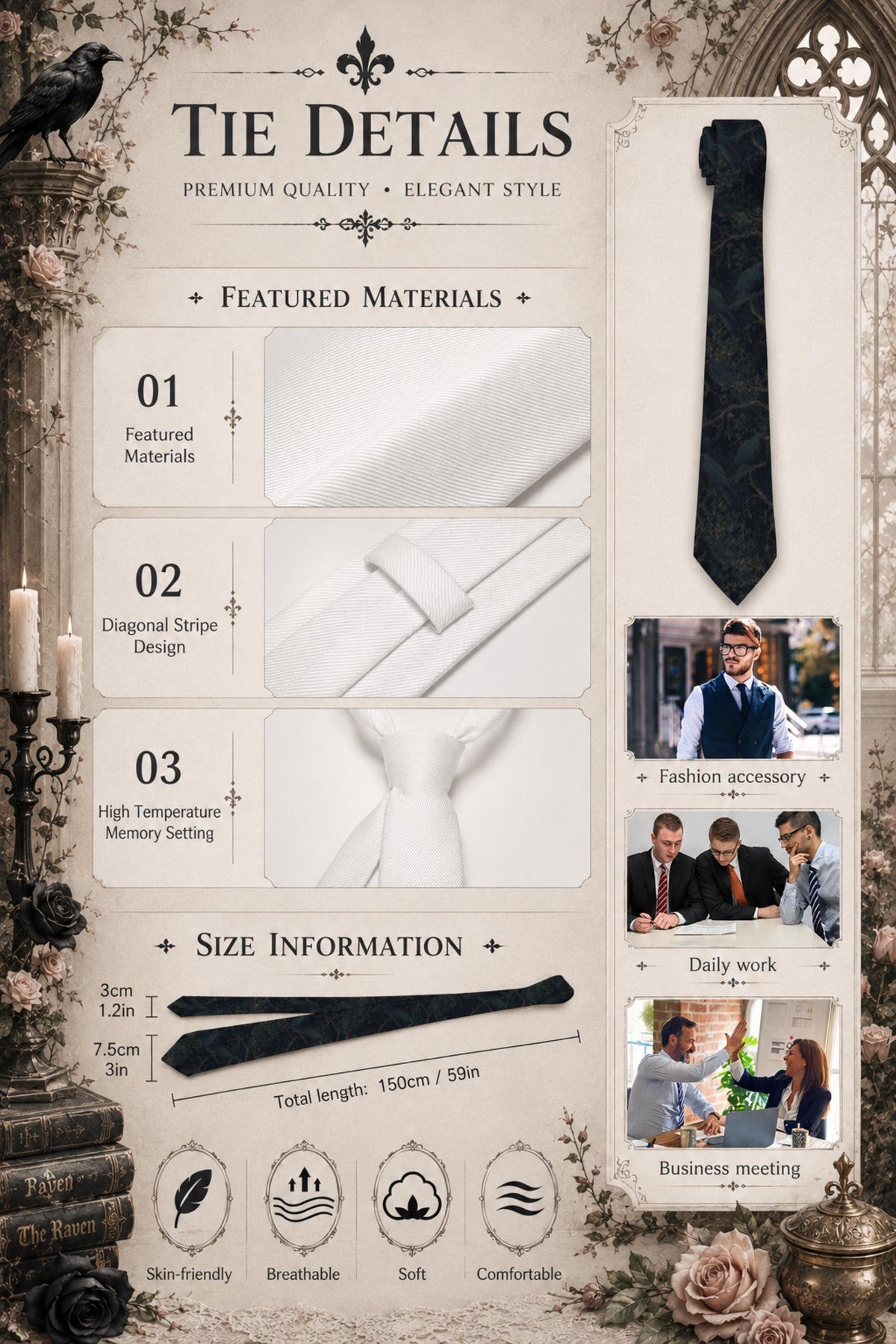 Gothic Menswear for the Corporate Goth Man William Morris Gothic Tie Whimsigoth Clothing Gift Idea for Business Professional Edgar Allen Poe