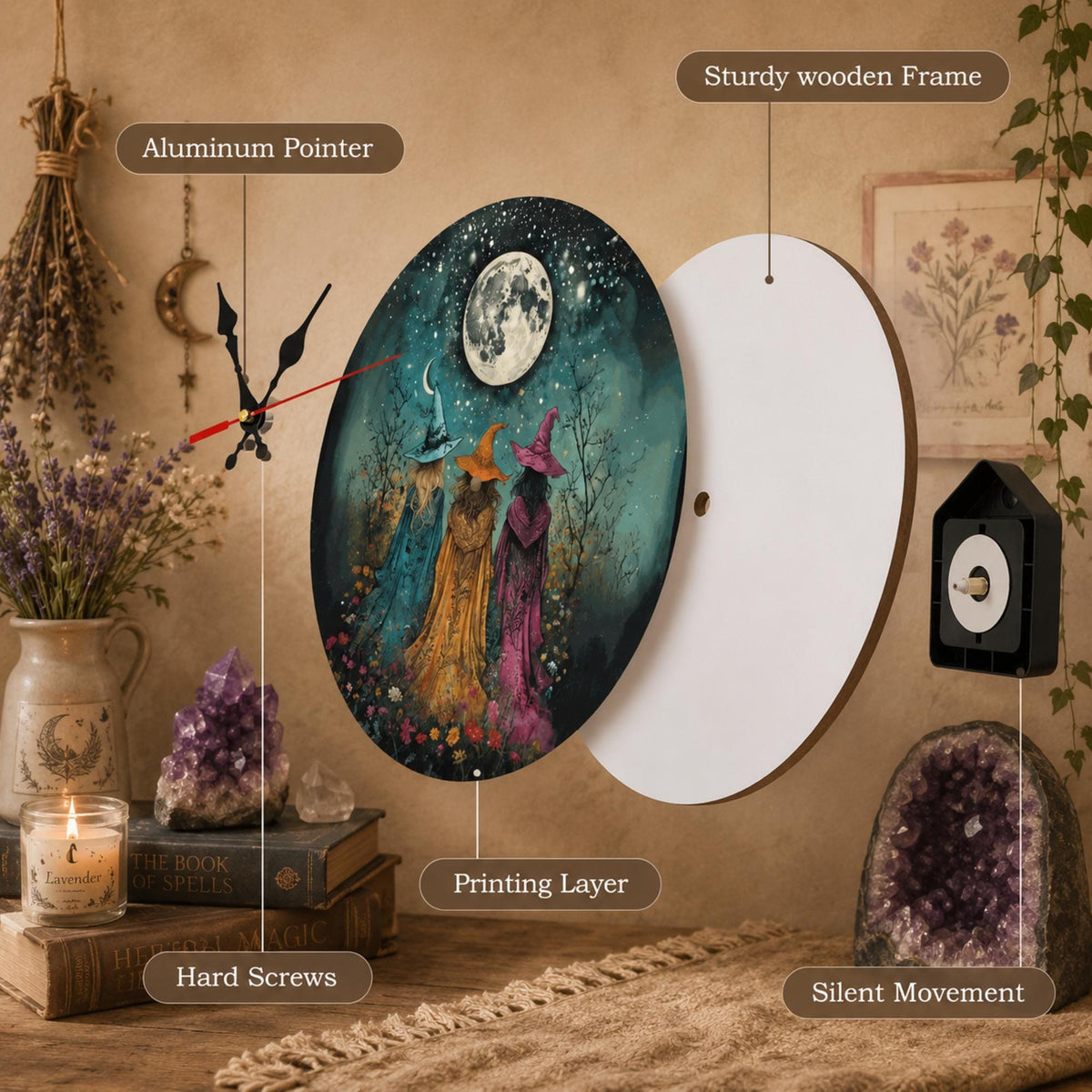 Halloween Fall Host Gift Idea for Mom Cottagecore Whimsigoth Birthday Gift for Sister Practical Magic Wood Wall Clock for Kitchen Witch Gift