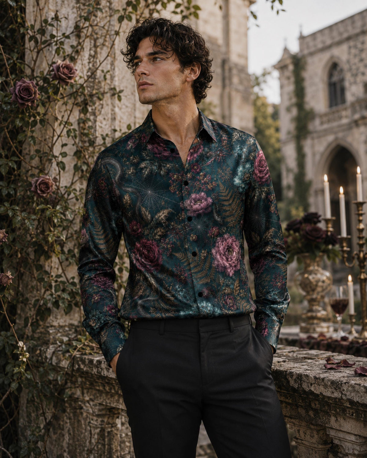 Dark Romance Satin Mens Shirt for Boyfriend Whimsigoth Snake Spider Crows surrounded by Roses Dark Academia Clothing for Grandpa Dad Brother