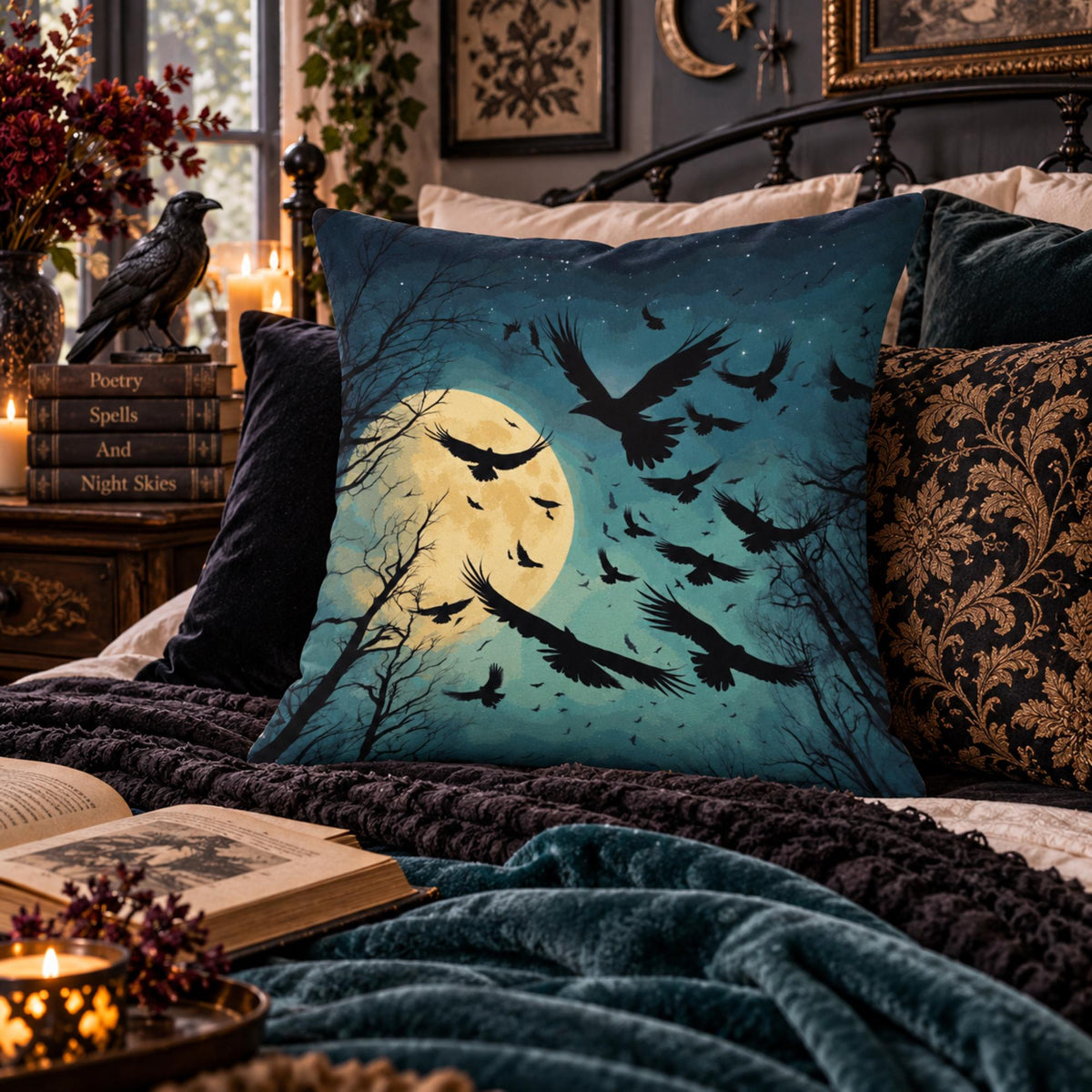 Gothic Bedding Dark Academia Gift Idea Holiday Full Moon Crow Throw Pillowcase Gothic Ultra-soft Goblincore Witchcore Custom Raven Pillow