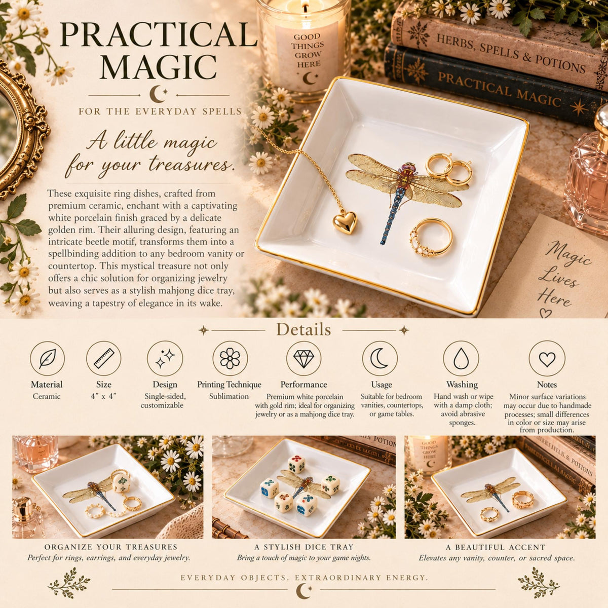 Practical Magic Gift Idea for Witchy Bestie Dragonfly Gold Trim Jewelry Dish Vanity Tray Bday Anniversary Wife Gift Soap Dish Incense Holder
